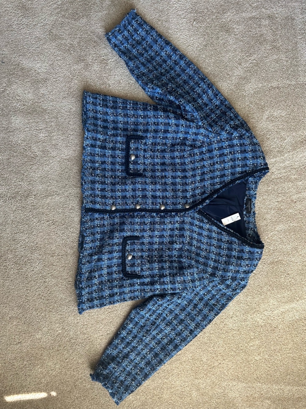 Talbots Blue Plaid Tweed Jacket with Decorative Buttons